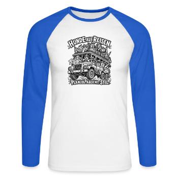 Hunde auf Reisen: Planlos aber mit Stil - Unisex Baseballshirt langarm - Weiß/Royalblau - Vorne - Nik (191cm)