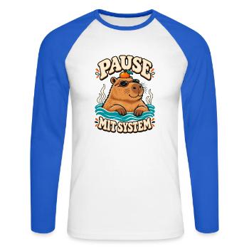 Pause mit System Capybara - Unisex Baseballshirt langarm - Weiß/Royalblau - Vorne - Nik (191cm)