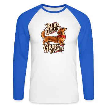 Kurz gebaut groß gedacht Dackel - Unisex Baseballshirt langarm - Weiß/Royalblau - Vorne - Nik (191cm)