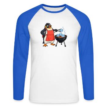 Lustiger Pinguin grillt Eiswürfel am Kugelgrill - Unisex Baseballshirt langarm - Weiß/Royalblau - Vorne - Nik (191cm)