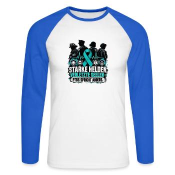 STARKE HELDEN VERLETZTE SEELEN PTBS - Unisex Baseballshirt langarm - Weiß/Royalblau - Vorne - Nik (191cm)