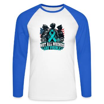 NOT ALL WOUNDS ARE VISIBLE – PTBS Awareness - Unisex Baseballshirt langarm - Weiß/Royalblau - Vorne - Nik (191cm)