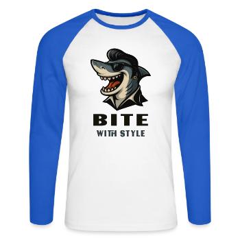 Cooler Hai im Rockabillylook mit Bite with Style - Unisex Baseballshirt langarm - Weiß/Royalblau - Vorne - Nik (191cm)