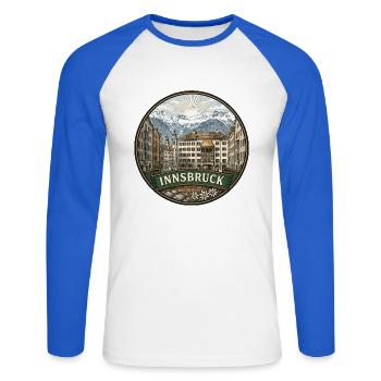 Innsbruck Austria Reiseabzeichen Golddachgeschenk - Unisex Baseballshirt langarm - Weiß/Royalblau - Vorne - Nik (191cm)