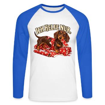 Dackel Weihnachten – Ich helfe nur - Unisex Baseballshirt langarm - Weiß/Royalblau - Vorne - Nik (191cm)