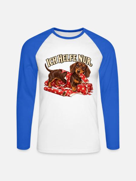 Dackel Weihnachten – Ich helfe nur - Unisex Baseballshirt langarm - Weiß/Royalblau