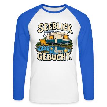 Seeblick gebucht – Camping im Regen - Unisex Baseballshirt langarm - Weiß/Royalblau - Vorne - Nik (191cm)