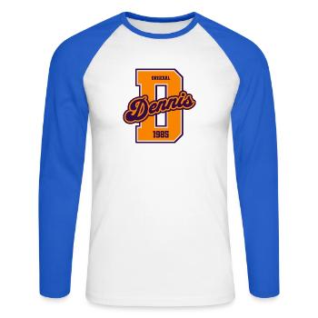 Dennis 1985 Original Vorname Retro College - Unisex Baseballshirt langarm - Weiß/Royalblau - Vorne - Nik (191cm)
