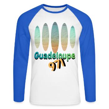 Guadeloupe 971 Strand- und Urlaubsfarben - Unisex Baseballshirt langarm - Weiß/Royalblau - Vorne - Nik (191cm)