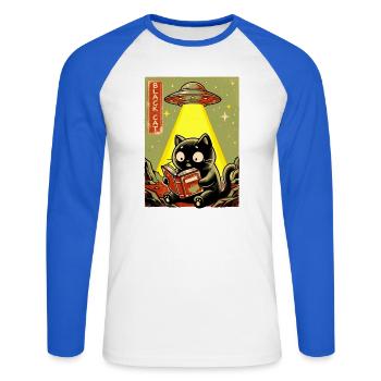 Leseabend unter UFO Lichtkatze - Unisex Baseballshirt langarm - Weiß/Royalblau - Vorne - Nik (191cm)