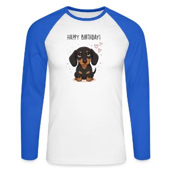 Süßer Dackel, Geburtstags-Welpenkarte & Tee - Unisex Baseballshirt langarm - Weiß/Royalblau - Vorne - Nik (191cm)