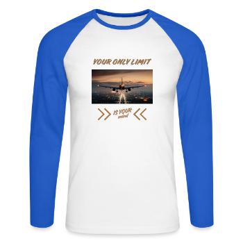Your Only Limit Is Your Mind – Flugzeug Mindset - Unisex Baseballshirt langarm - Weiß/Royalblau - Vorne - Nik (191cm)