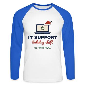 IT Support Holiday Shift – Admin an Weihnachten - Unisex Baseballshirt langarm - Weiß/Royalblau - Vorne - Nik (191cm)