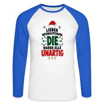 Lieber Weihnachtsmann – Festtage Humor - Unisex Baseballshirt langarm - Weiß/Royalblau - Vorne - Nik (191cm)