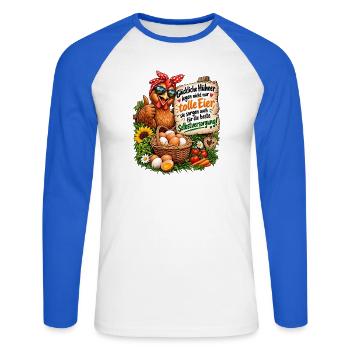 Hühner frische Eier und Selbstversorgung ist Glück - Unisex Baseballshirt langarm - Weiß/Royalblau - Vorne - Nik (191cm)