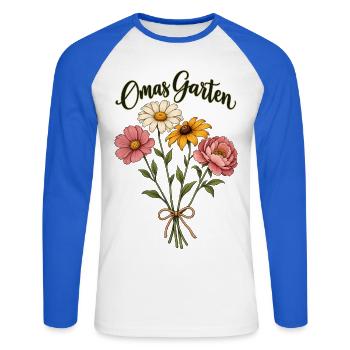 Omas Garten Shirt personalisierbar mit dem Namen  - Unisex Baseballshirt langarm - Weiß/Royalblau - Vorne - Nik (191cm)