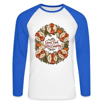 Gutes Essen Besseres Unternehmen Friendsgiving-Shirt - Unisex Baseballshirt langarm - Weiß/Royalblau - Vorne - Nik (191cm)