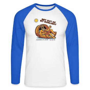 Diogenes – Get out of my sunlight - Unisex Baseballshirt langarm - Weiß/Royalblau - Vorne - Nik (191cm)