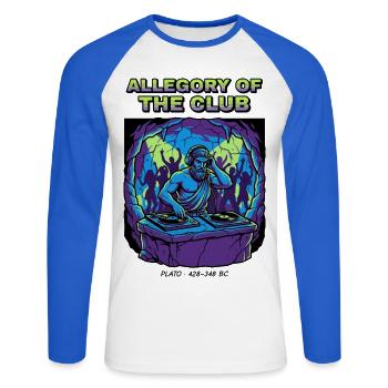 Platon DJ – Allegory of the Club Höhlengleichnis - Unisex Baseballshirt langarm - Weiß/Royalblau - Vorne - Nik (191cm)