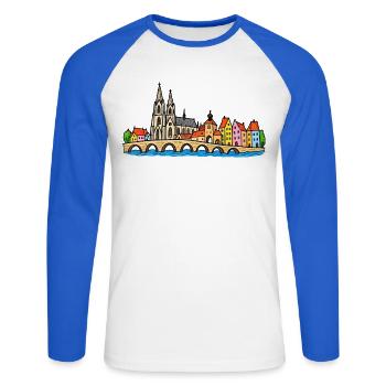 Regensburg Skyline im bunten Wachsmalstil - Unisex Baseballshirt langarm - Weiß/Royalblau - Vorne - Nik (191cm)