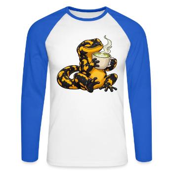 Salamander genießt einen Matcha Latte - Unisex Baseballshirt langarm - Weiß/Royalblau - Vorne - Nik (191cm)