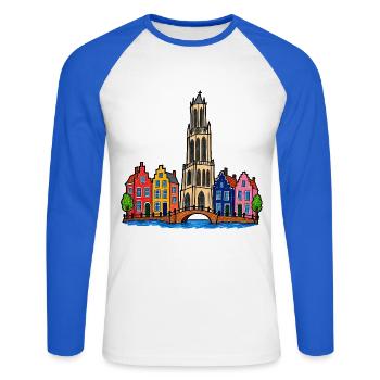 Utrecht Skyline im bunten Wachsmalstil - Unisex Baseballshirt langarm - Weiß/Royalblau - Vorne - Nik (191cm)