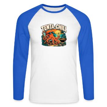 Tenta-Chill – Entspannter Oktopus am Grill - Unisex Baseballshirt langarm - Weiß/Royalblau - Vorne - Nik (191cm)