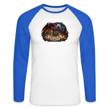 Critical Moments – Drache und Zwanzigerwürfel - Unisex Baseballshirt langarm - Weiß/Royalblau - Vorne - Nik (191cm)