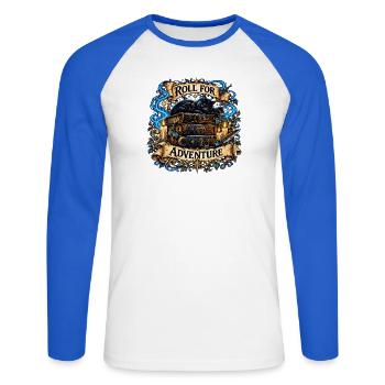 Roll for Adventure – Zauberkatze auf Büchern - Unisex Baseballshirt langarm - Weiß/Royalblau - Vorne - Nik (191cm)