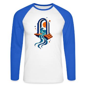 Meeresportal – Welle Sonne und blaues Tor - Unisex Baseballshirt langarm - Weiß/Royalblau - Vorne - Nik (191cm)