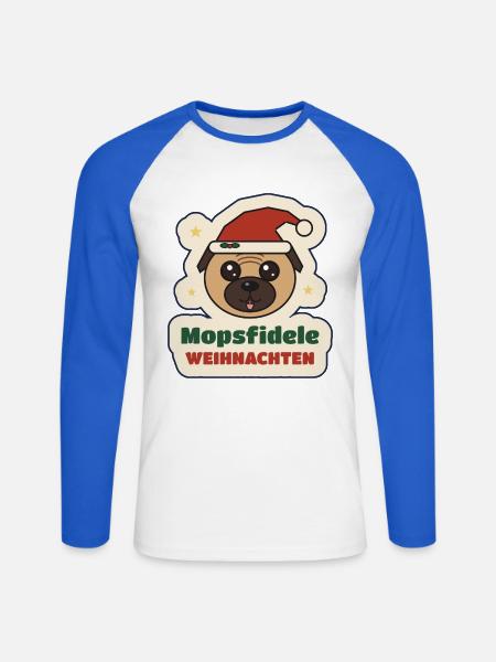 Mopsfidele Weihnachten – Mops mit Weihnachtsmütze - Unisex Baseballshirt langarm - Weiß/Royalblau