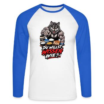 Du willst wissen wie – Muskelwolf und Fitness - Unisex Baseballshirt langarm - Weiß/Royalblau - Vorne - Nik (191cm)