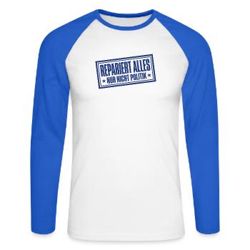 Handwerk Stempel Repariert alles nur nicht Politik - Unisex Baseballshirt langarm - Weiß/Royalblau - Vorne - Nik (191cm)