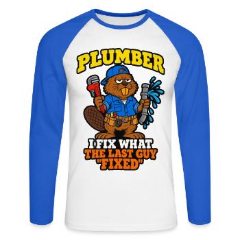 Klempner Ich repariere das, was der letzte Typ lustig repariert hat - Unisex Baseballshirt langarm - Weiß/Royalblau - Vorne - Nik (191cm)