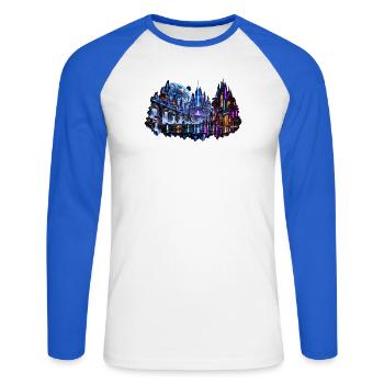 MELVIG – Neonstadt der Zukunft - Unisex Baseballshirt langarm - Weiß/Royalblau - Vorne - Nik (191cm)