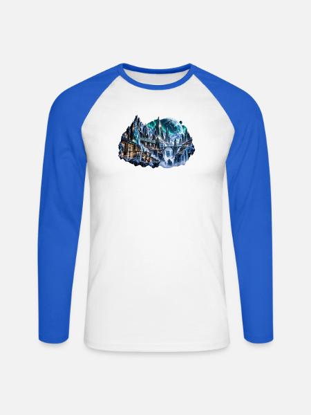 MELVIG – Eisstadt unter Nordlichtern - Unisex Baseballshirt langarm - Weiß/Royalblau