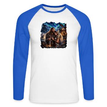 O.Nigg – Nordisches Paar im Nordlicht - Unisex Baseballshirt langarm - Weiß/Royalblau - Vorne - Nik (191cm)