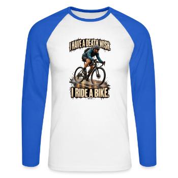 ODDROO – I Ride a Bike - Unisex Baseballshirt langarm - Weiß/Royalblau - Vorne - Nik (191cm)