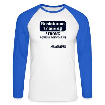 Menopause-Knochen, Widerstandstraining - Unisex Baseballshirt langarm - Weiß/Royalblau - Vorne - Nik (191cm)