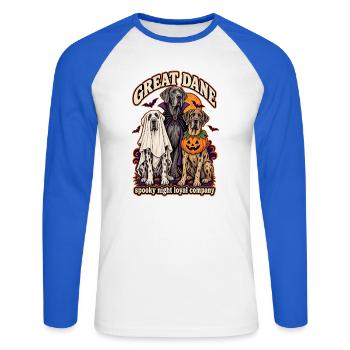 Spooky Night Loyal Company – Deutsche Dogge Halloween - Unisex Baseballshirt langarm - Weiß/Royalblau - Vorne - Nik (191cm)