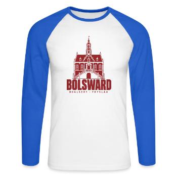 Bolsward Boalsert Friesland Rathaus Hoodie, Shirt - Unisex Baseballshirt langarm - Weiß/Royalblau - Vorne - Nik (191cm)