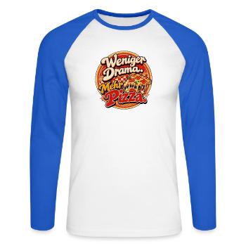 Weniger Drama Mehr Pizza - Unisex Baseballshirt langarm - Weiß/Royalblau - Vorne - Nik (191cm)