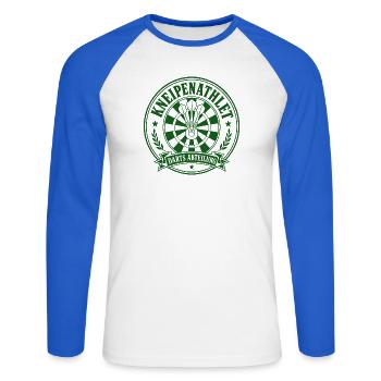 Darts Shirt Kneipenathlet, hoodie, Socken, Kappe - Unisex Baseballshirt langarm - Weiß/Royalblau - Vorne - Nik (191cm)