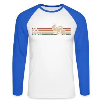 Eat Sleep Drum Repeat Schlagzeuger Am Schlagzeug - Unisex Baseballshirt langarm - Weiß/Royalblau - Vorne - Nik (191cm)