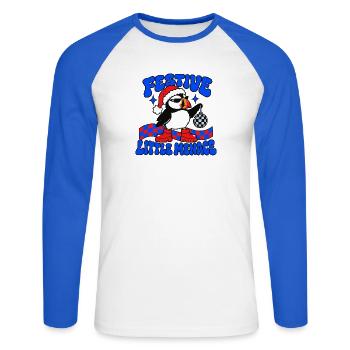 Festliche kleine Bedrohung Lustiger Weihnachtspuffin - Unisex Baseballshirt langarm - Weiß/Royalblau - Vorne - Nik (191cm)