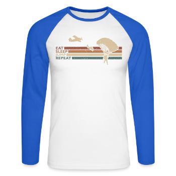 Eat Sleep Jump Repeat Fallschirmspringer Absprung - Unisex Baseballshirt langarm - Weiß/Royalblau - Vorne - Nik (191cm)