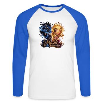 Musikherz: Seiten in dir entfalten - Unisex Baseballshirt langarm - Weiß/Royalblau - Vorne - Nik (191cm)