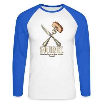 Gourmet Leberkas mit Messer und Gabel - Unisex Baseballshirt langarm - Weiß/Royalblau - Vorne - Nik (191cm)