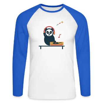 Panda am Plattenspieler – gemütliche Vinylpause - Unisex Baseballshirt langarm - Weiß/Royalblau - Vorne - Nik (191cm)