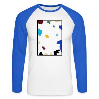 Abstraktes Konfetti auf weißer Leinwand - Unisex Baseballshirt langarm - Weiß/Royalblau - Vorne - Nik (191cm)